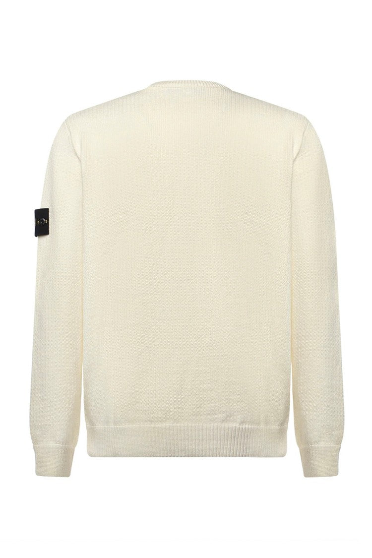 Stone Island Ivory Cotton-Elastomultiester Blend Ribbed Crew-Neck Sweater
