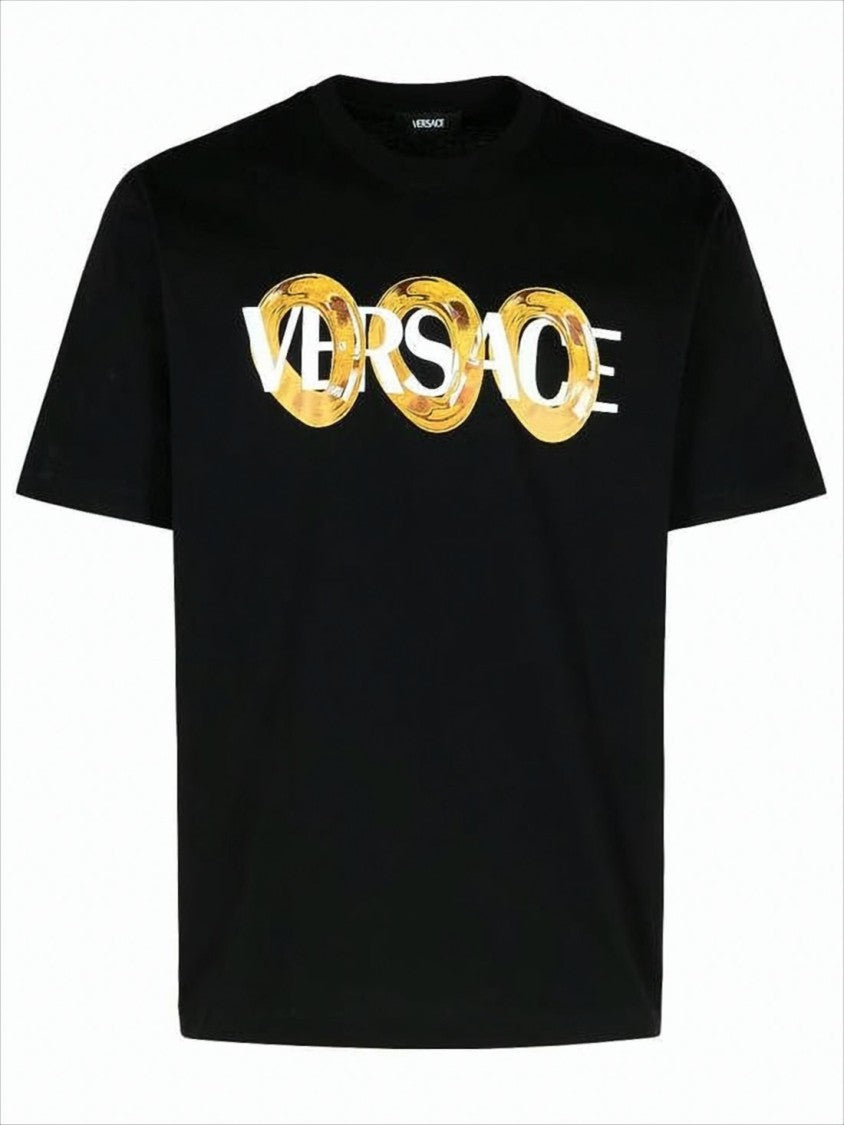 Versace Classic Black T-Shirt With Bold Logo And Gold Chain Motif
