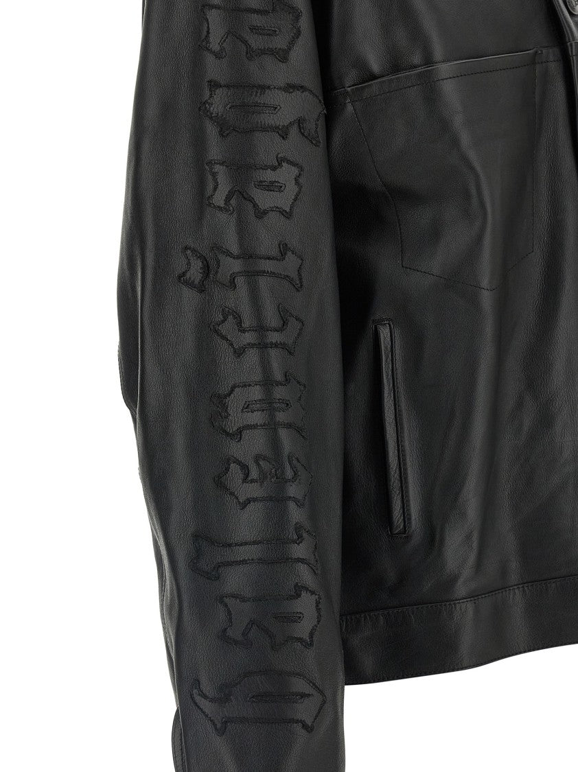 Balenciaga Garnet Buffalo Leather Shirt Jacket With Embroidered Gothic Denim Pattern
