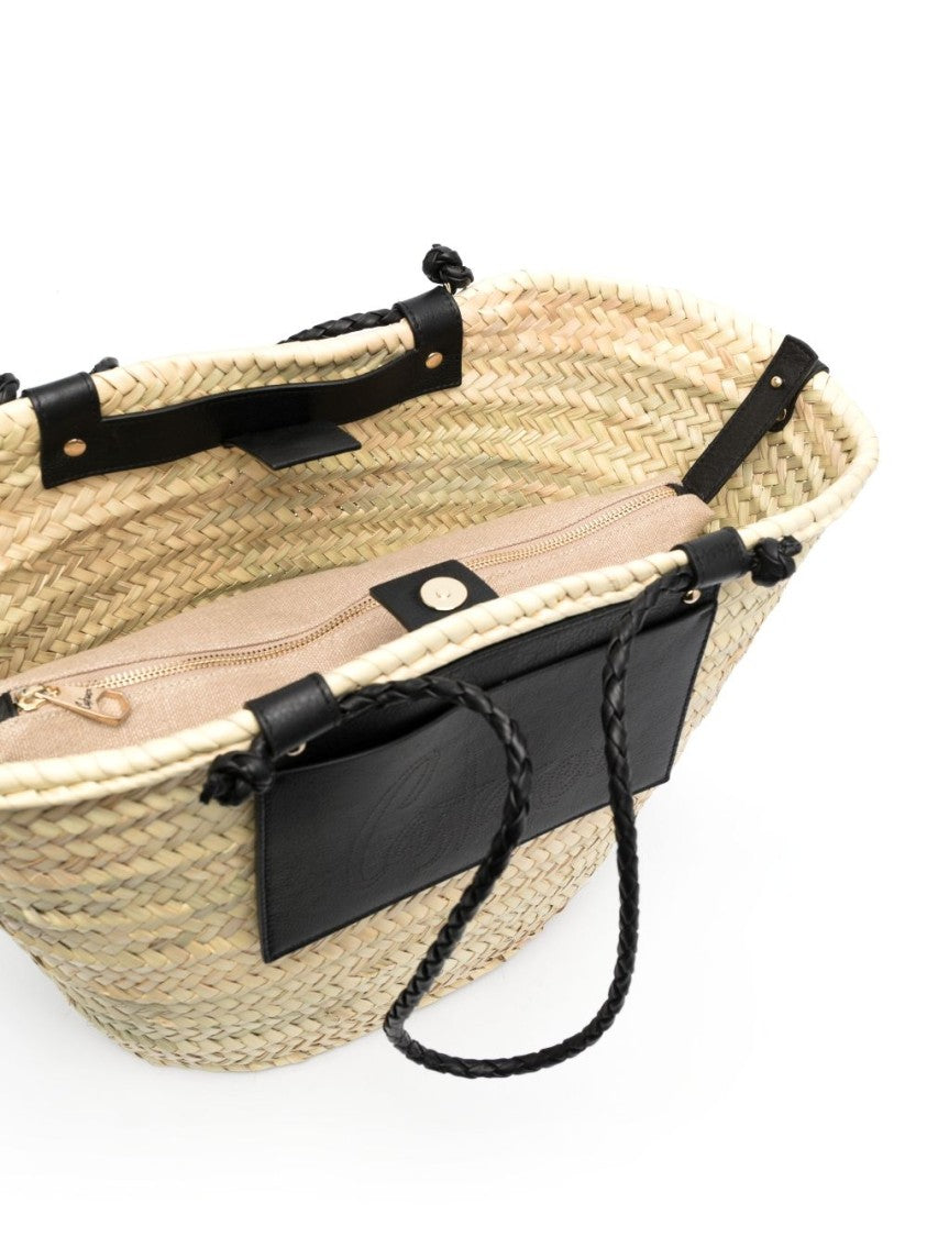 Castaner Structured Black Handbag With Woven Straw