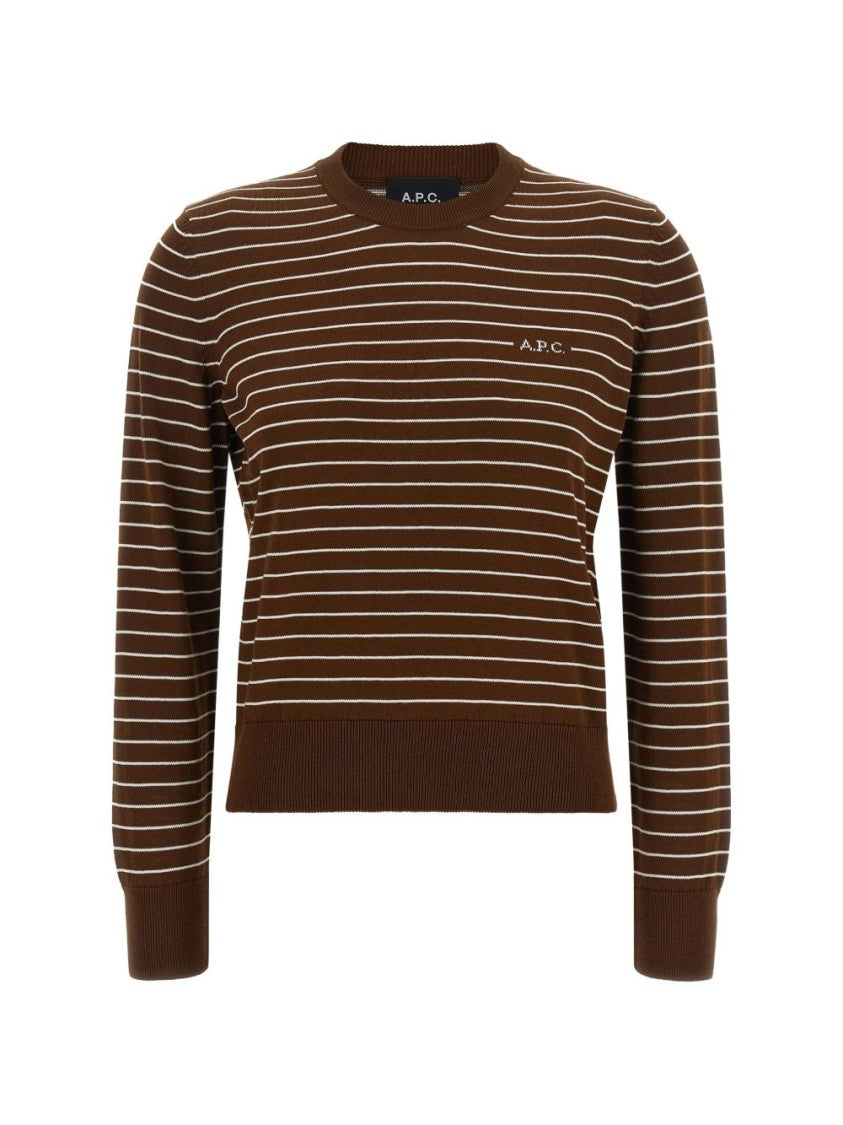 A.P.C. Brown Horizontal Striped Crew Neck Knit Sweater