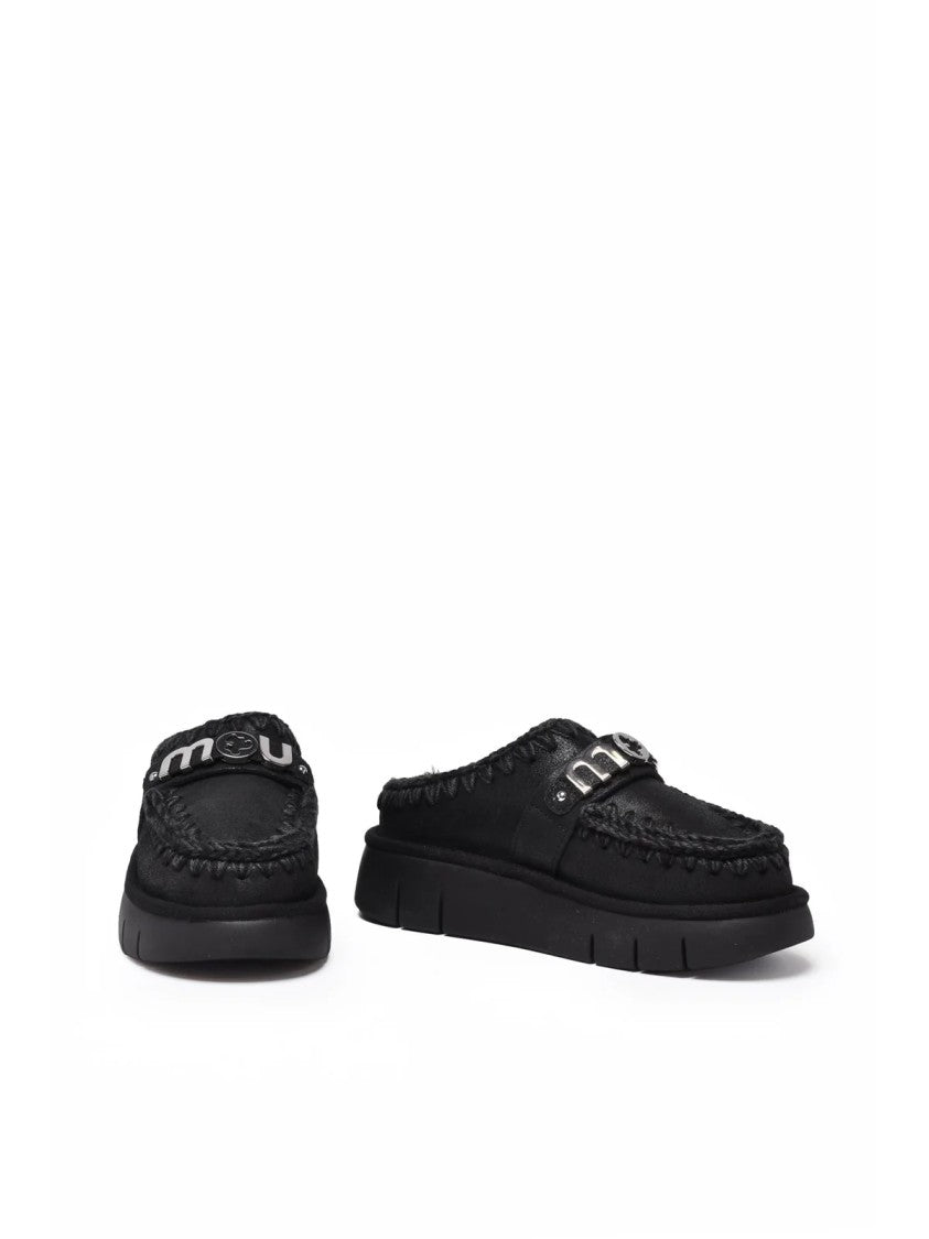 Mou Black Leather Buckle Clogs