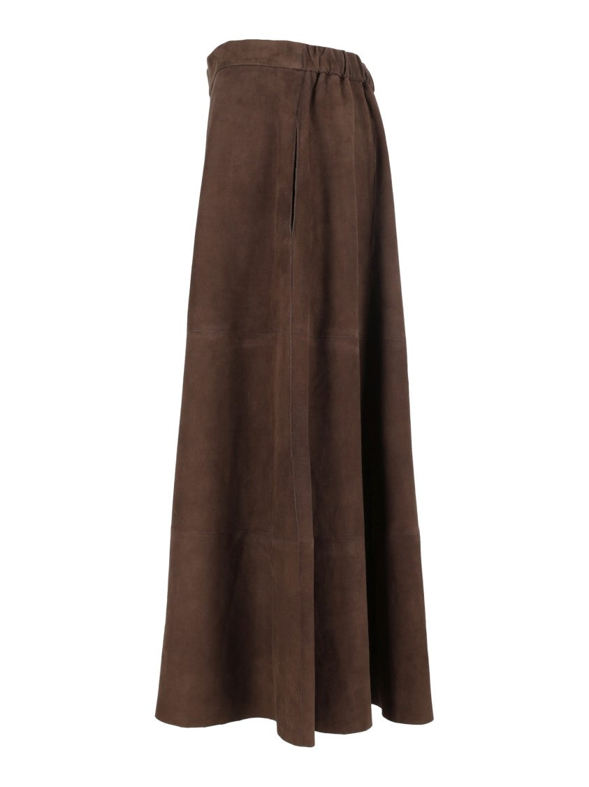 Antonelli Firenze Brown Flared Paneled Leather Midi Skirt