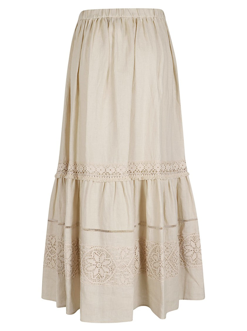 Max Mara Gathered Linen Skirt With Lace Detailing And Cut-Out Patterns