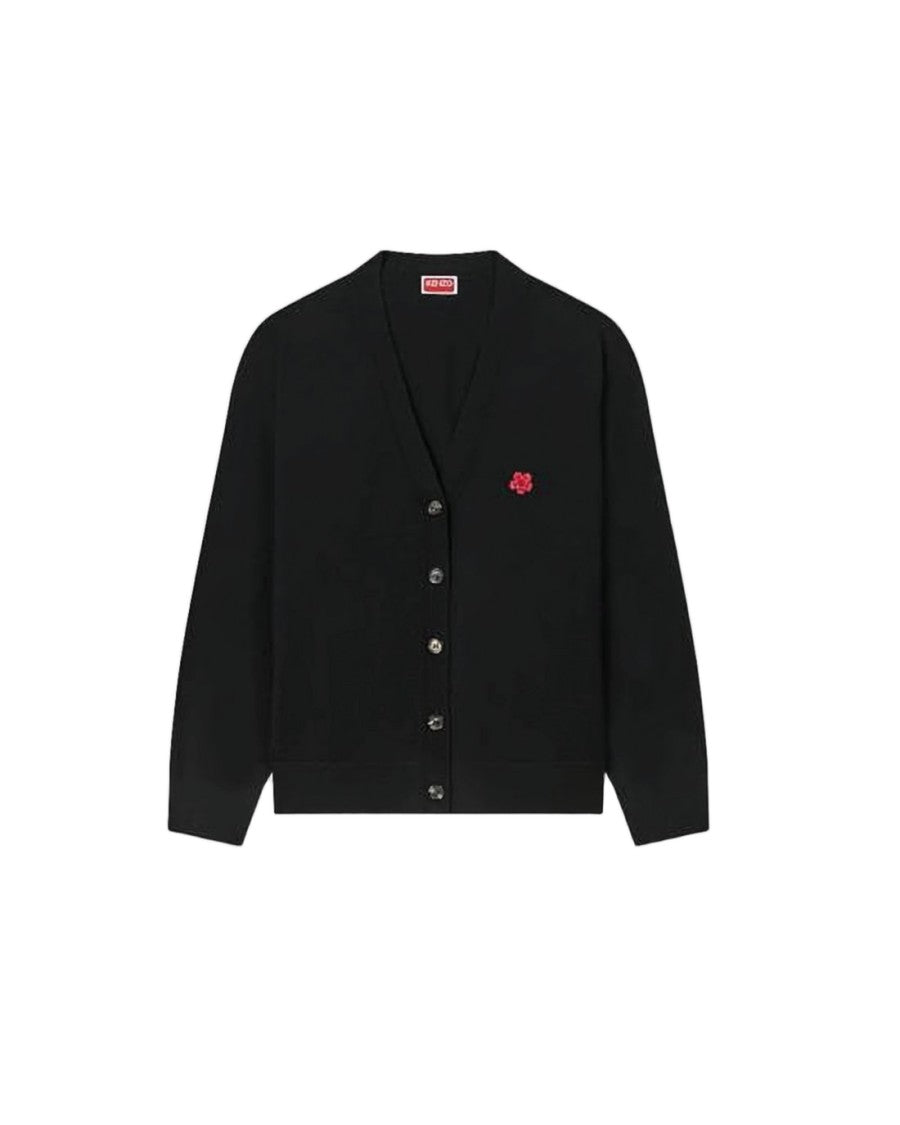 Kenzo V-Neck Black Cardigan With Floral Emblem
