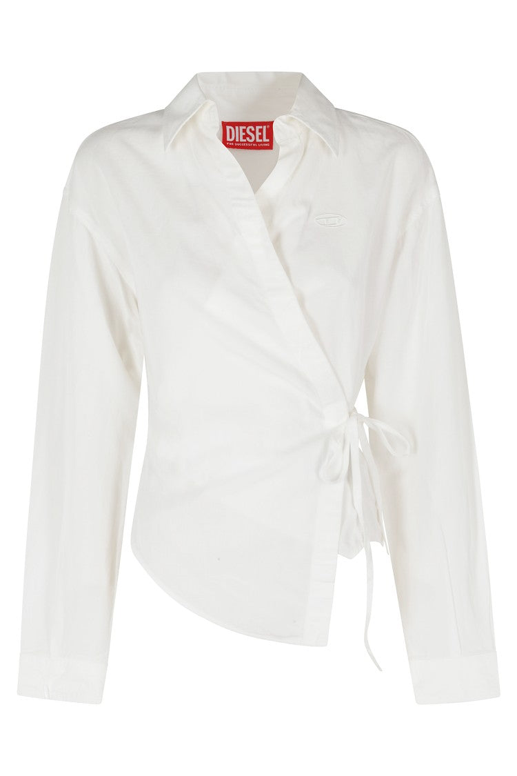 Diesel White C Delphos S3 Wrap Tie Embroidered Logo Modal Blouse