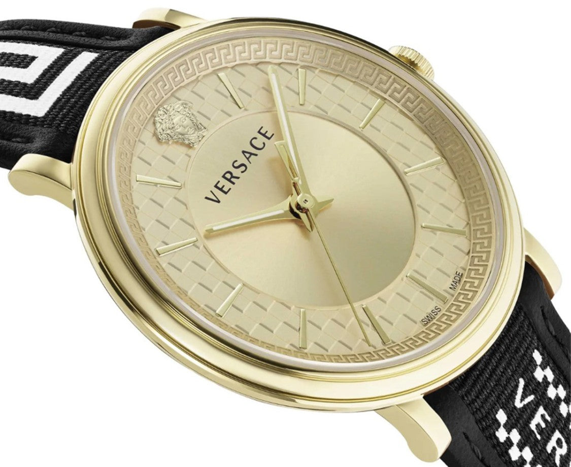 Versace Gold-Tone Stainless Steel Versace V-Circle Watch With Black Leather Strap