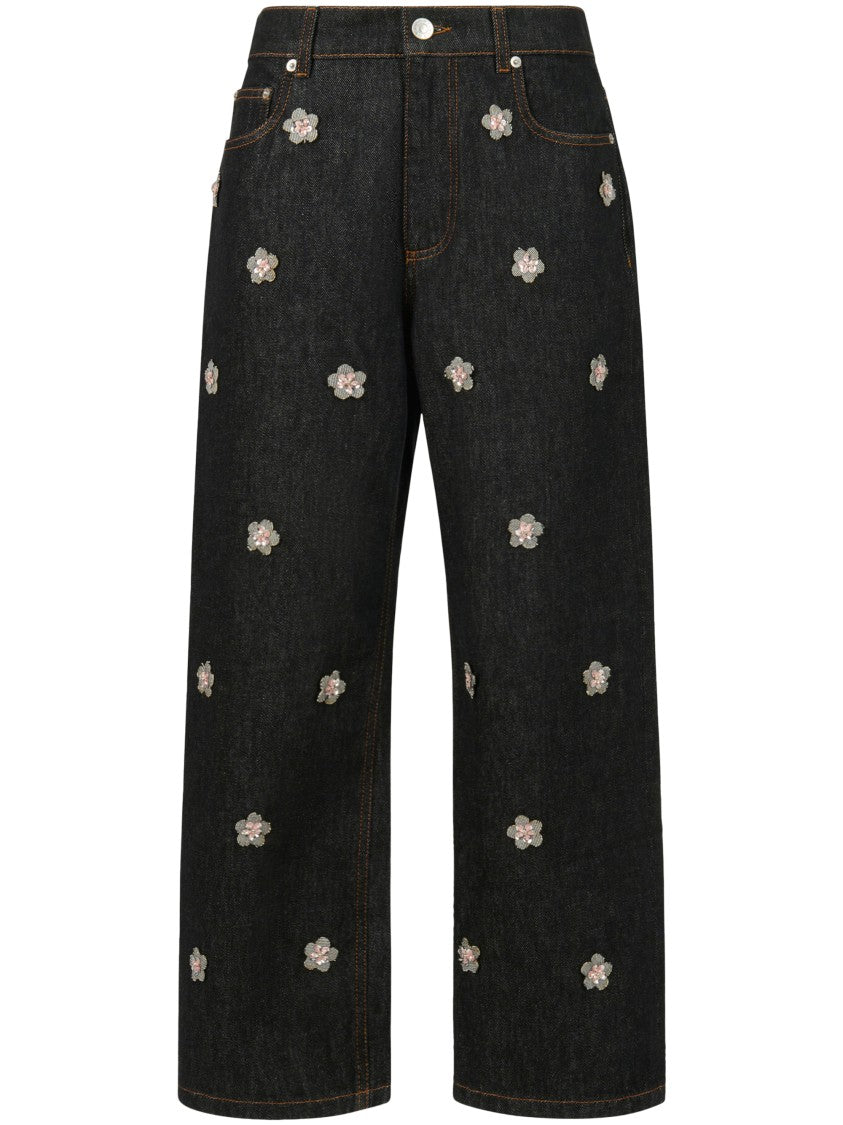 Marni Wide-Leg Black Ovine Leather Trousers With Floral Appliqués