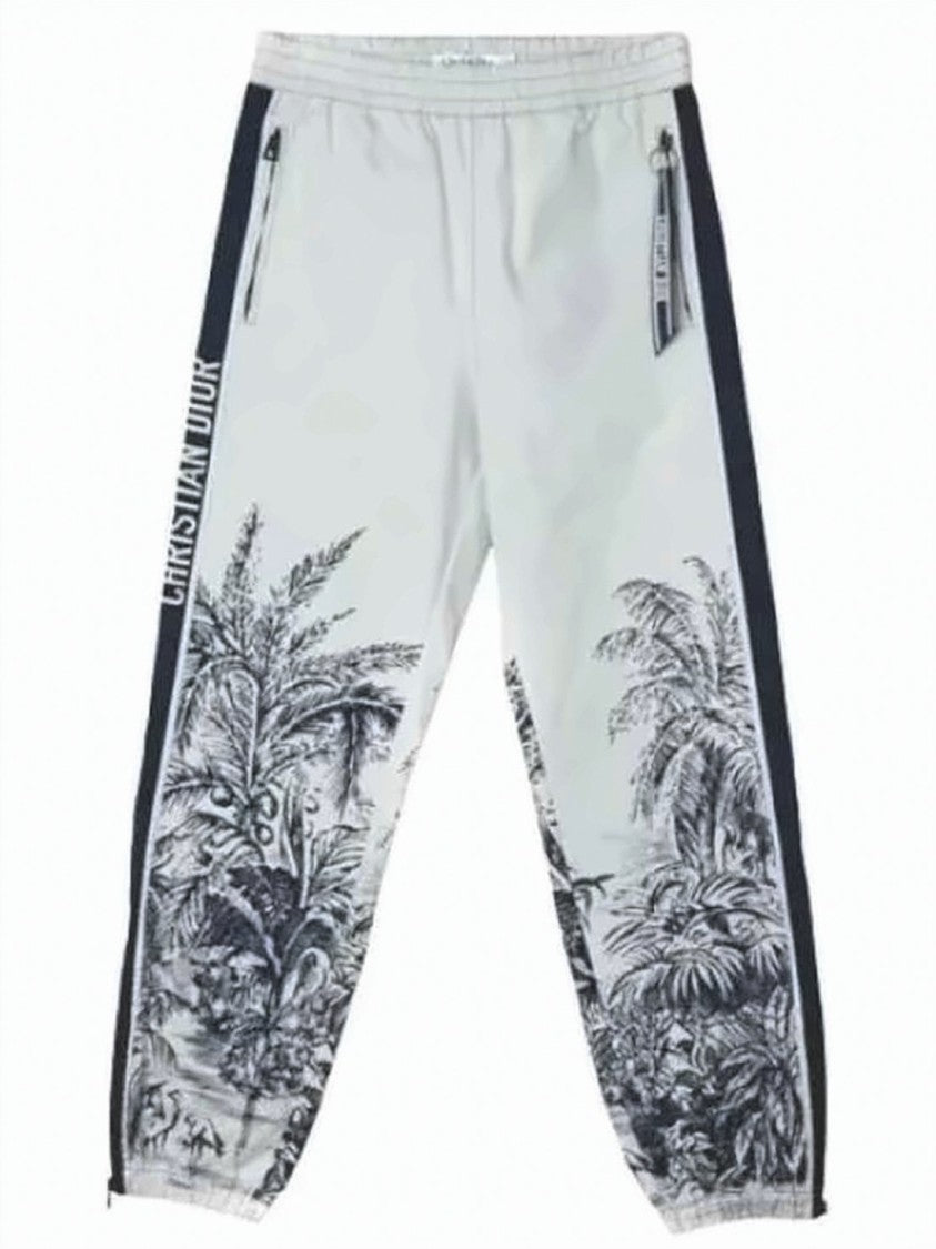 Dior White Botanical Print Jogger Pants With Zippered Pockets