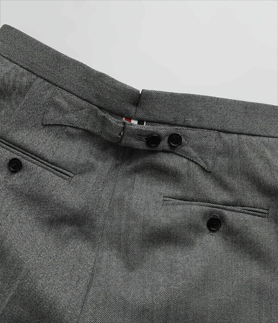 Thom Browne Tailored Grey Herringbone Wool Pants With Cuffed Hems