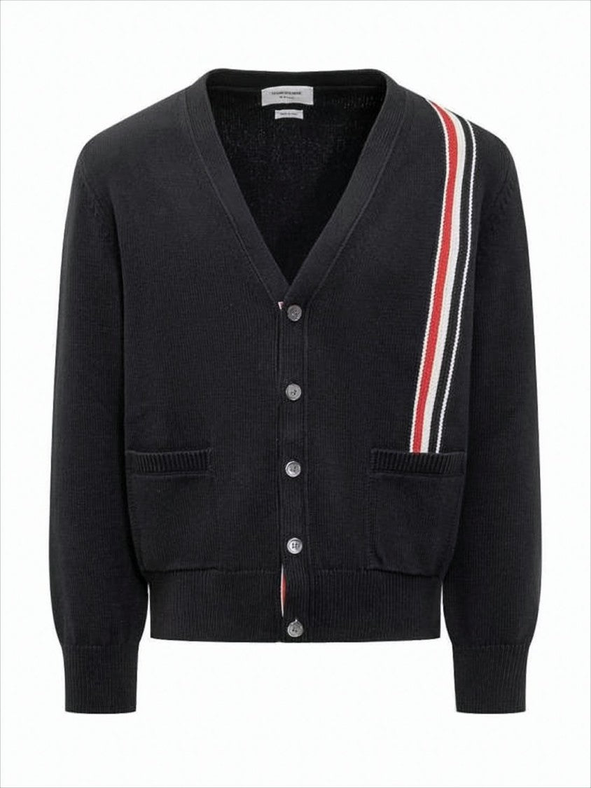 Thom Browne Knitted Cardigan With Deep V-Neck And Sporty Stripe Detail