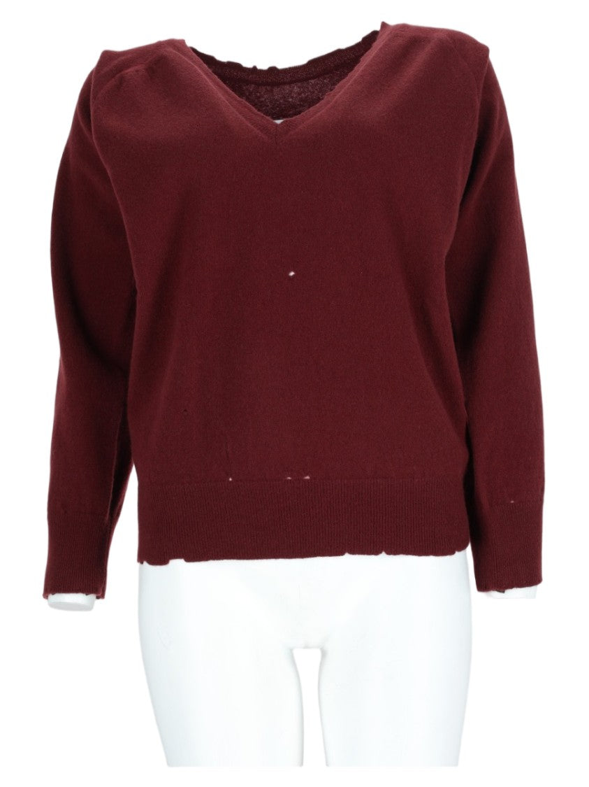 Maison Margiela Burgundy V-Neck Puffed-Sleeve Sweater