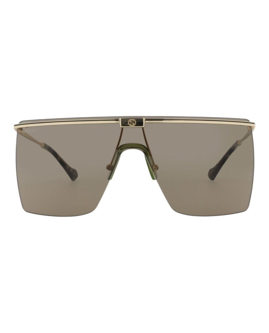 Gucci Shield-Frame Metal Sunglasses With Tortoiseshell Accents
