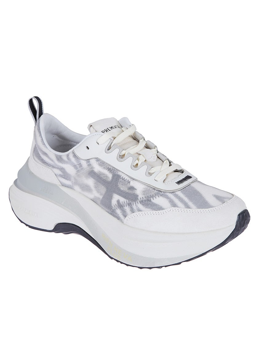 Premiata White Leopard-Print Technical Fabric Sneakers With Suede Inserts