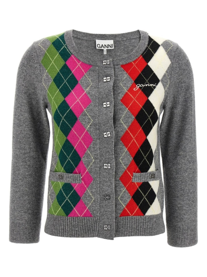 Ganni Multicolored Diamond Pattern Cardigan In Marine Wool