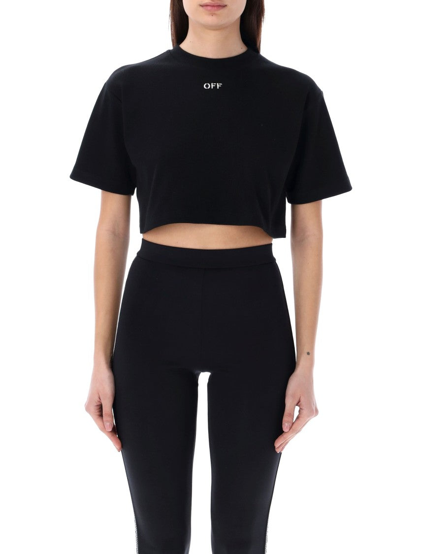 Off-White Ribbed Jersey Cropped Tee With Embroidered Logo