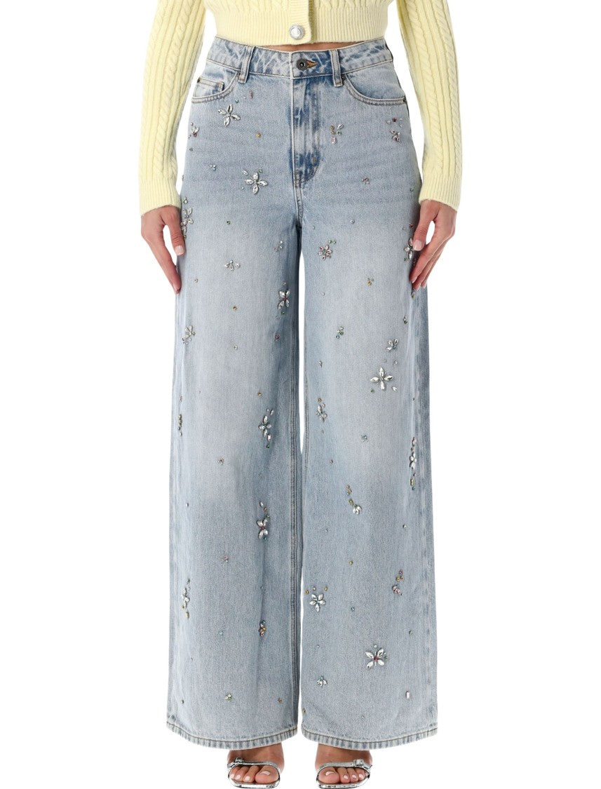 Self-Portrait Embellished Wide-Leg Jeans With Crystal Embellishment
