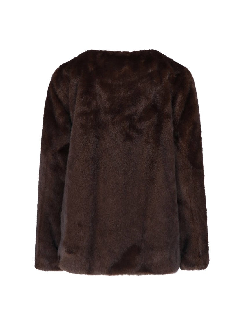 Polo Ralph Lauren Brown Round-Neck Snap-Button Faux Fur Jacket