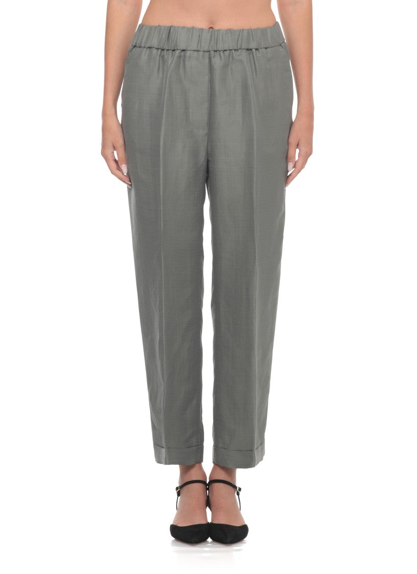 Peserico Grey Elastic Waist Linen-Blend Pants