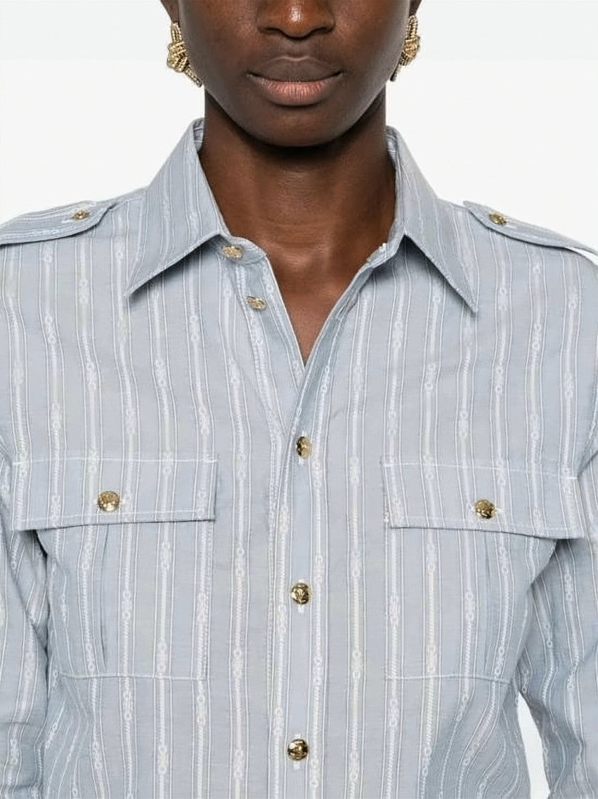 Celine Light Blue Striped Shirt With Monogram Detailing And Military Epaulettes