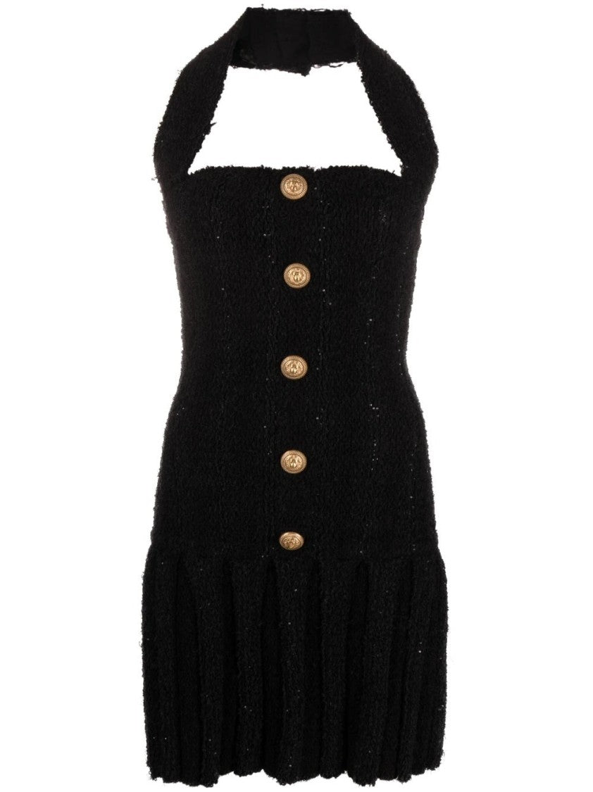 Balmain Halterneck Tweed Pleated Dress
