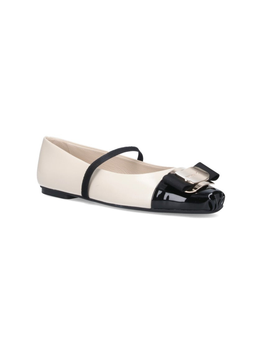 Ferragamo Cream Flat Shoes With Glossy Black Toe Cap
