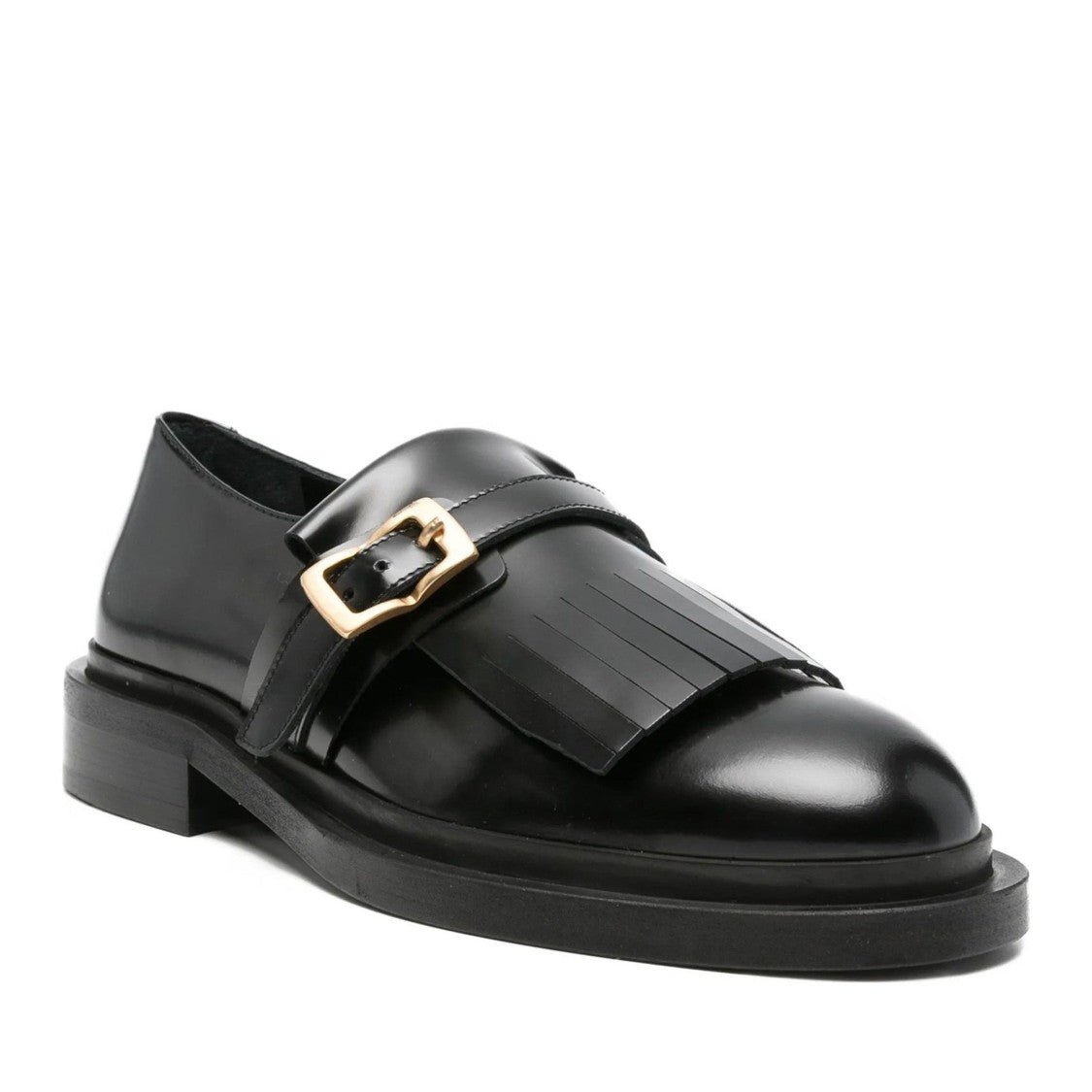 Adrianna Feretti Black Rounded Toe Fringed Panel Leather Loafers