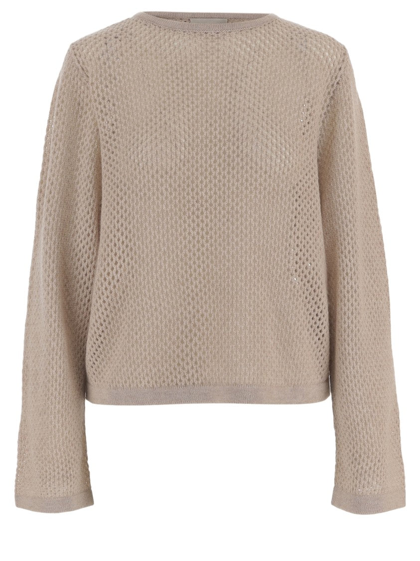 Allude Geometric Openwork Knit Sweater With Curved Hem