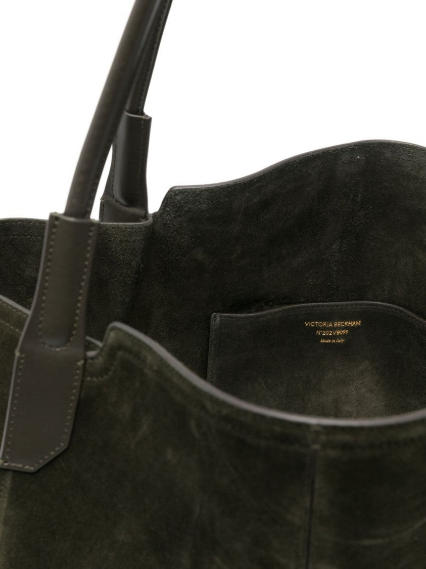 Victoria Beckham Structured Green Suede Tote With Gold Embossed Logo