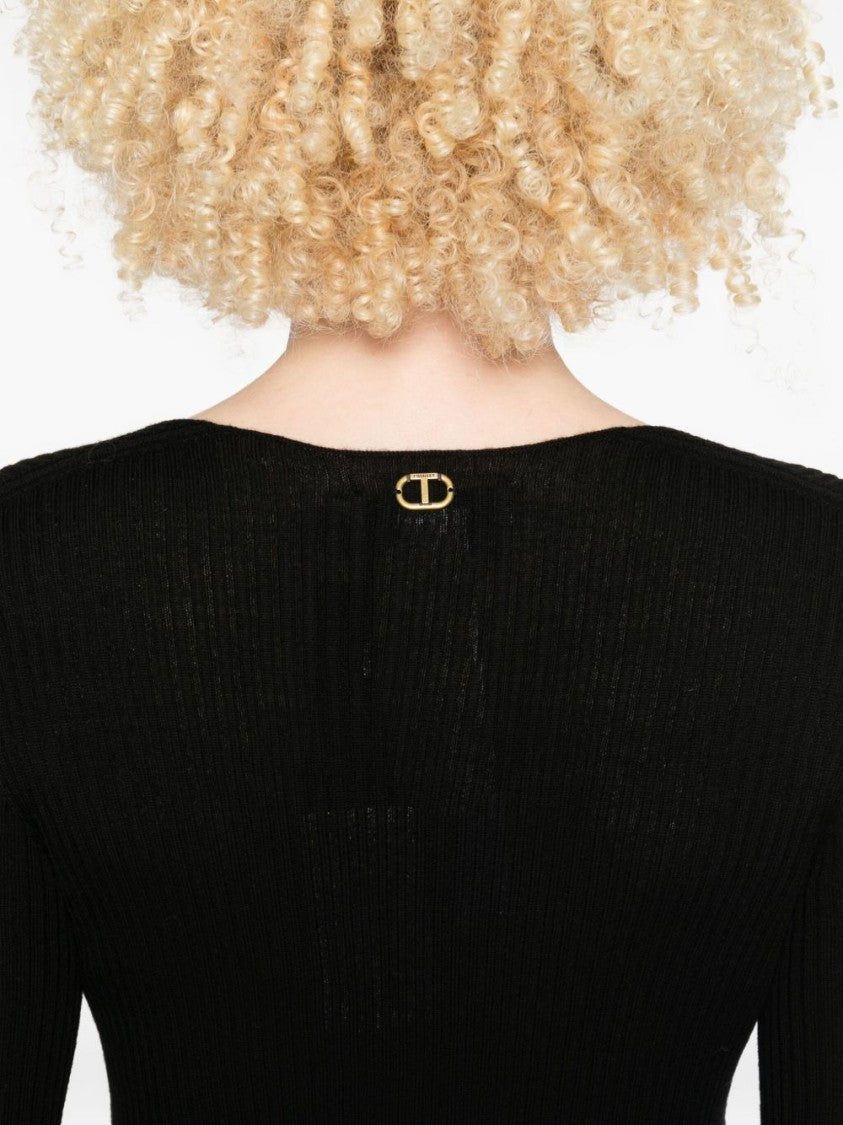 Twin-Set Fitted Black Ribbed Sweater With Deep V-Neckline