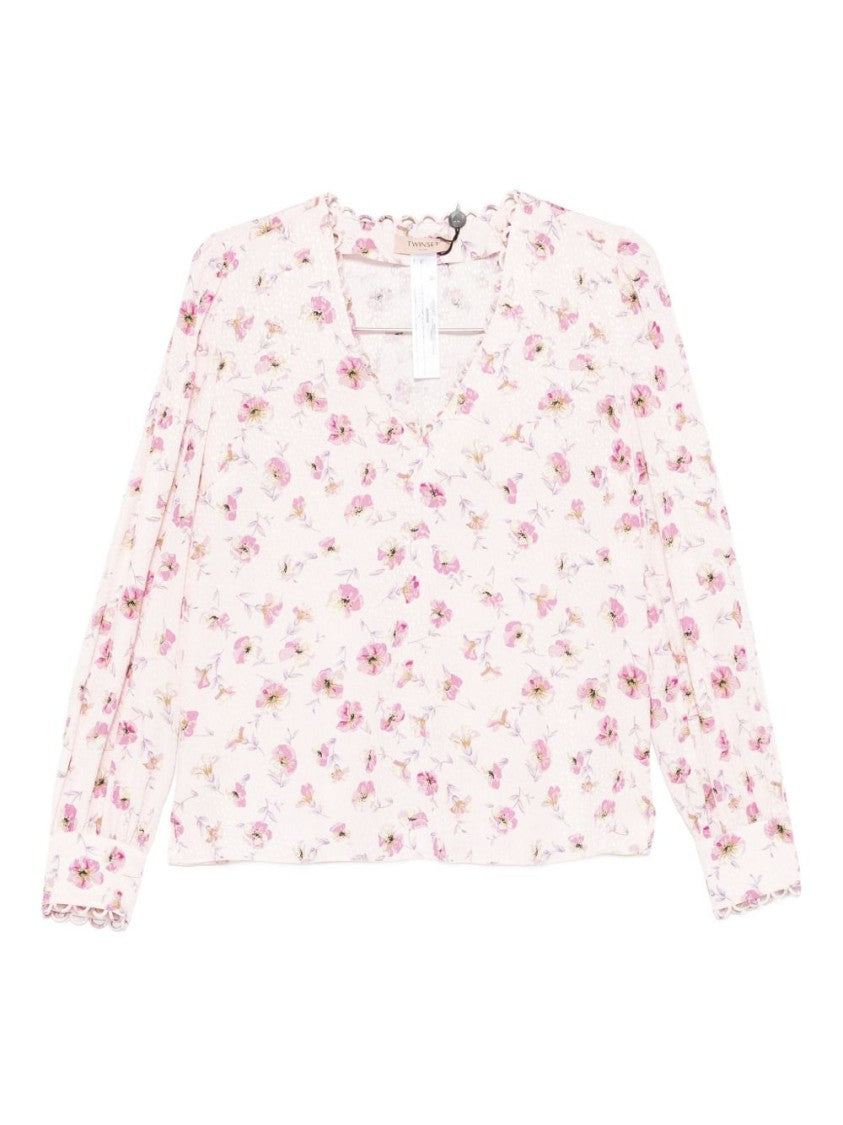 Twin-Set Scallop-Trimmed Pink Floral Blouse With Puffed Sleeves