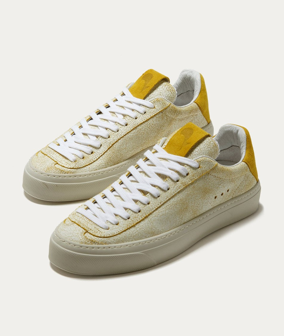 Aqua Alta Venice Textured Craquel Leather Sneakers With Yellow Accents
