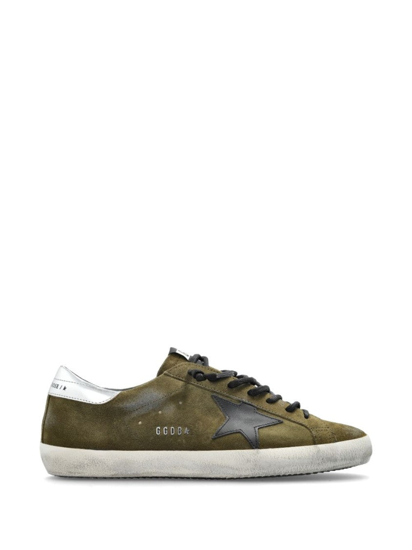 Golden Goose Olive Distressed Metallic Accents Suede Low-Top Sneakers