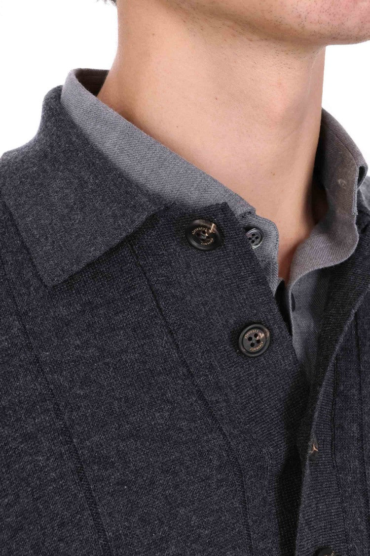 Eleventy Cotton-Cashmere Blend Long Sleeve Polo With Horn Buttons