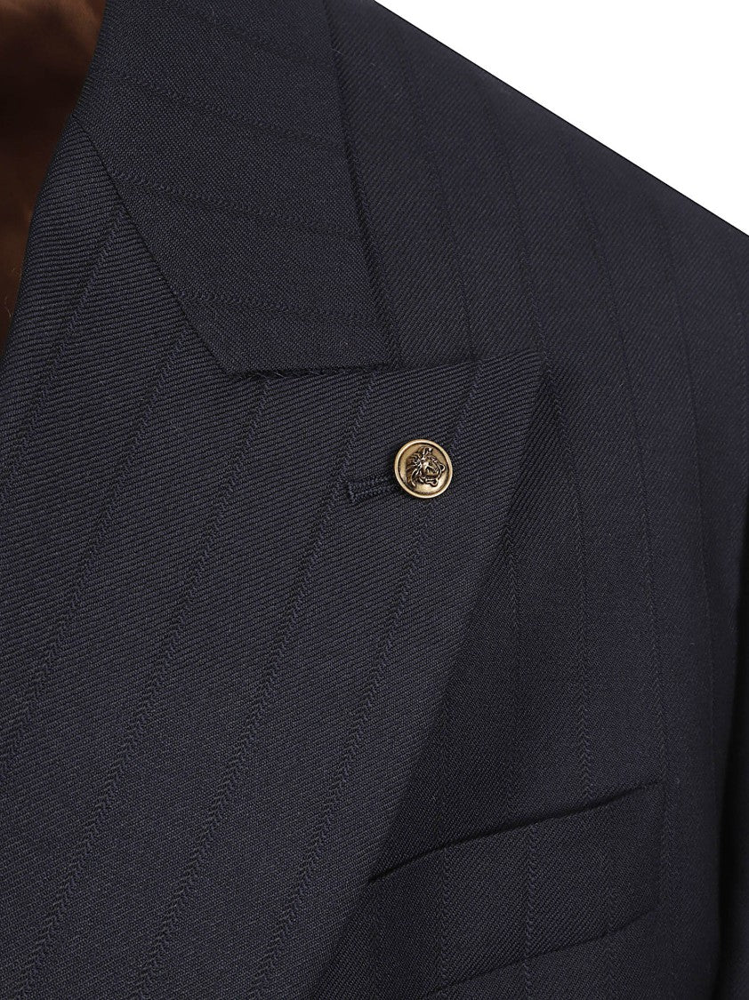 Versace Double-Breasted Pinstripe Blazer With Removable Medusa Pin