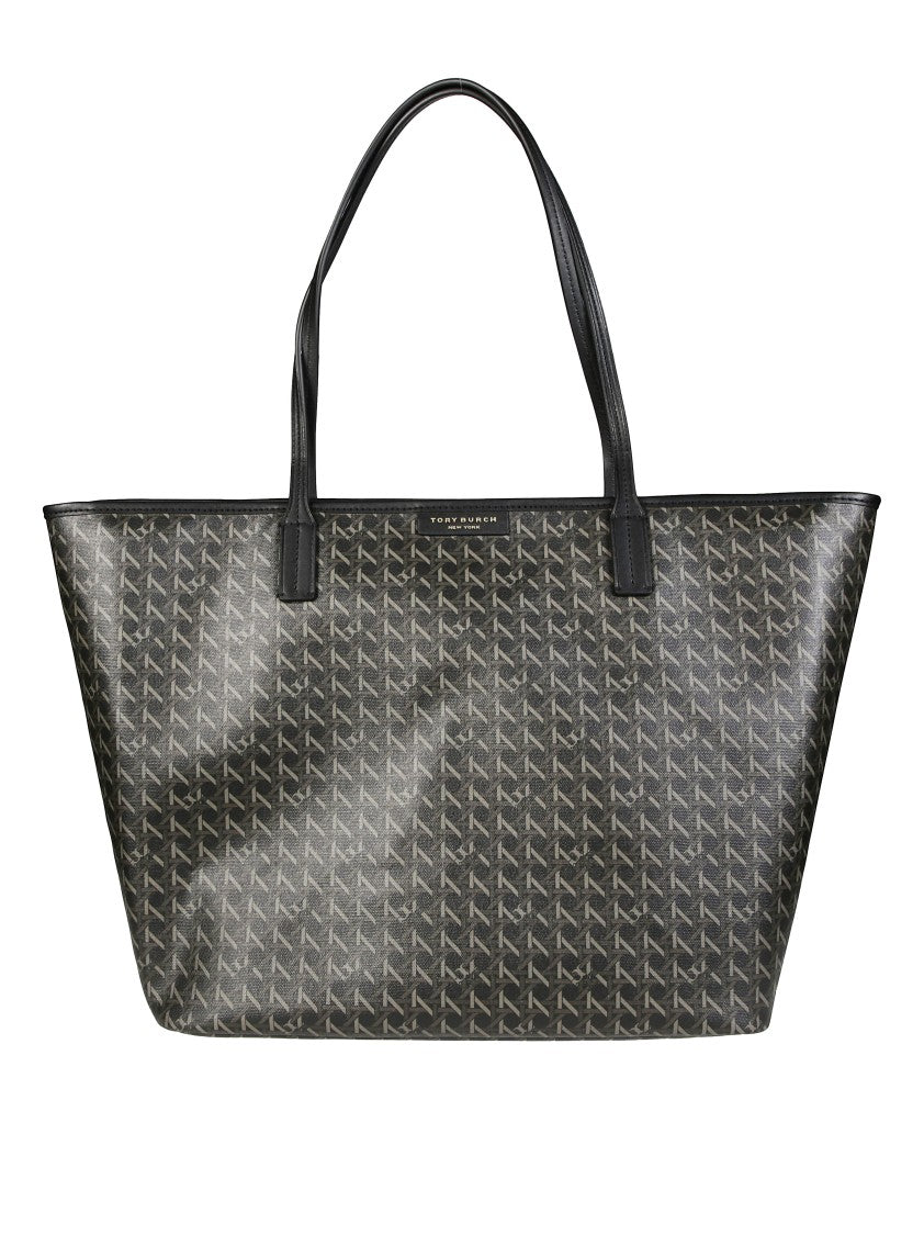 Tory Burch Trapezoidal Black Cotton Tote With Subtle Pattern