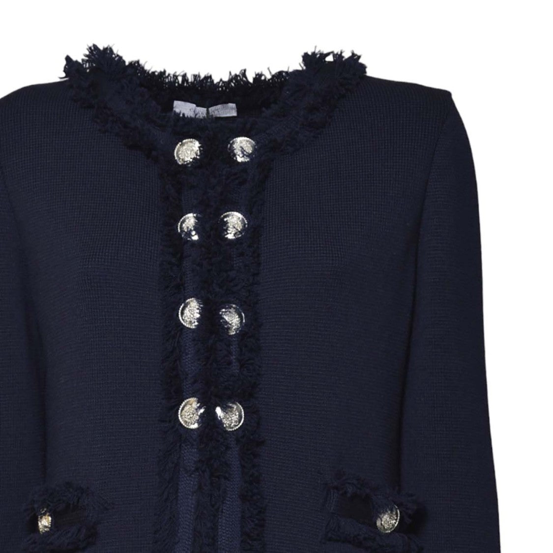 Charlott Tailored Long Coat In Deep Navy Wool With Fringed Trim