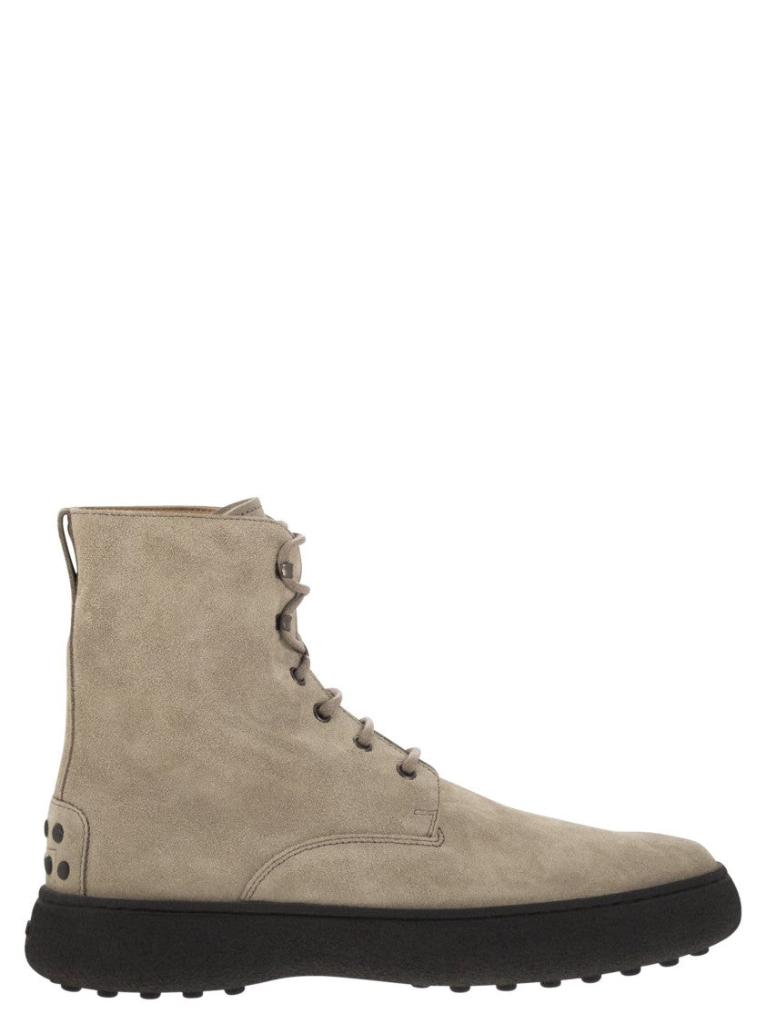 Tod's Ankle Suede Lace-Up Boot With Iconic Rubber Sole