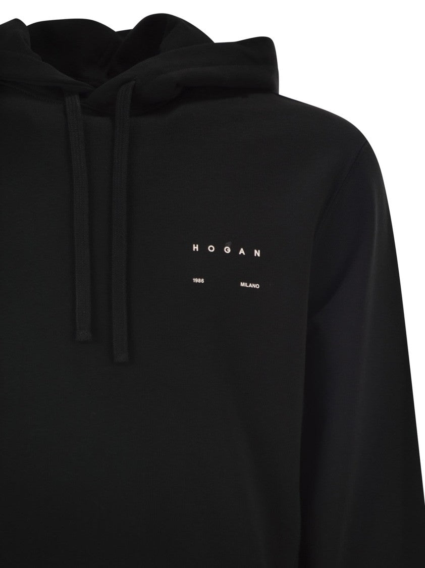 Hogan Hooded Black Cotton Sweatshirt With Ribbed Knit Inserts