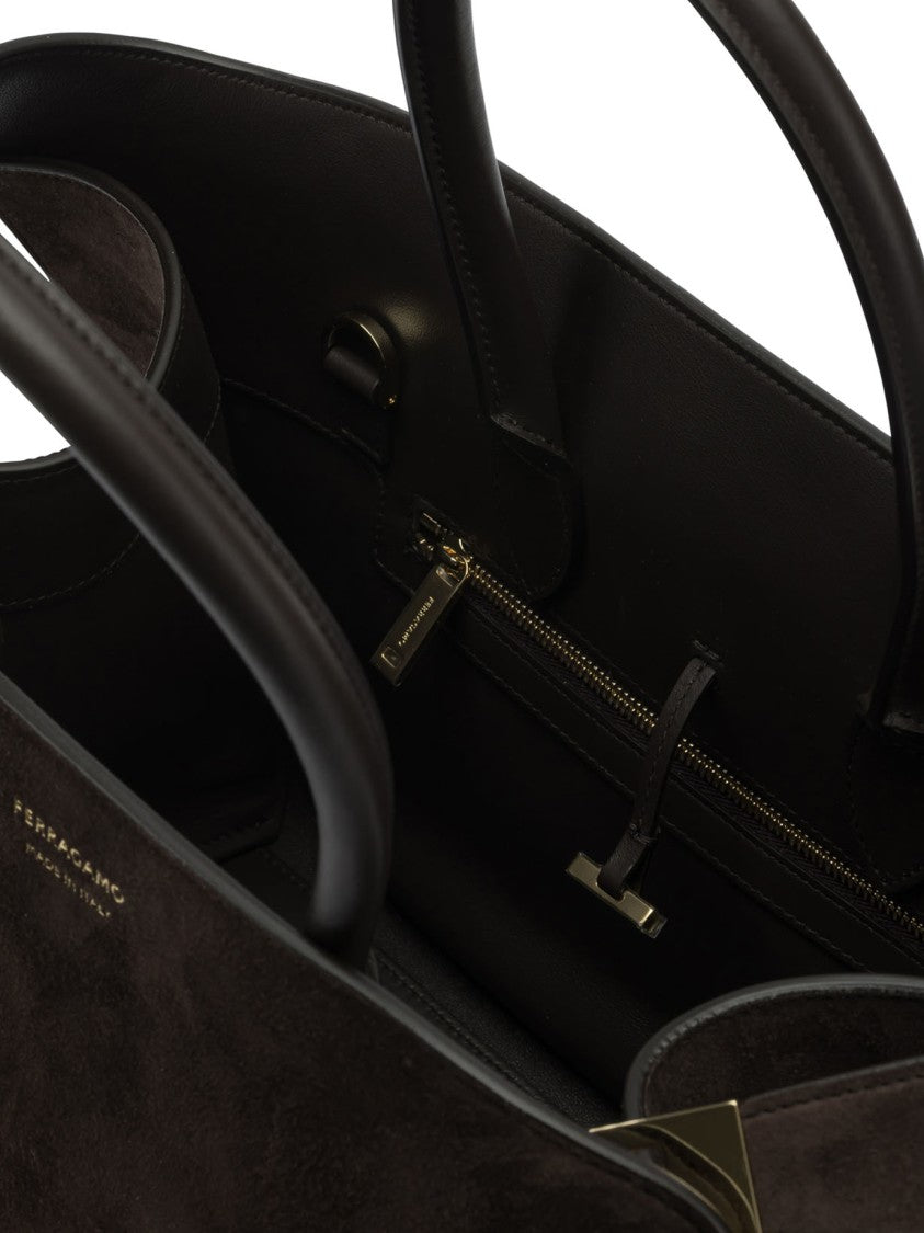 Ferragamo Structured Brown Calfskin Handbag With Gold-Finished Gancini Buckles