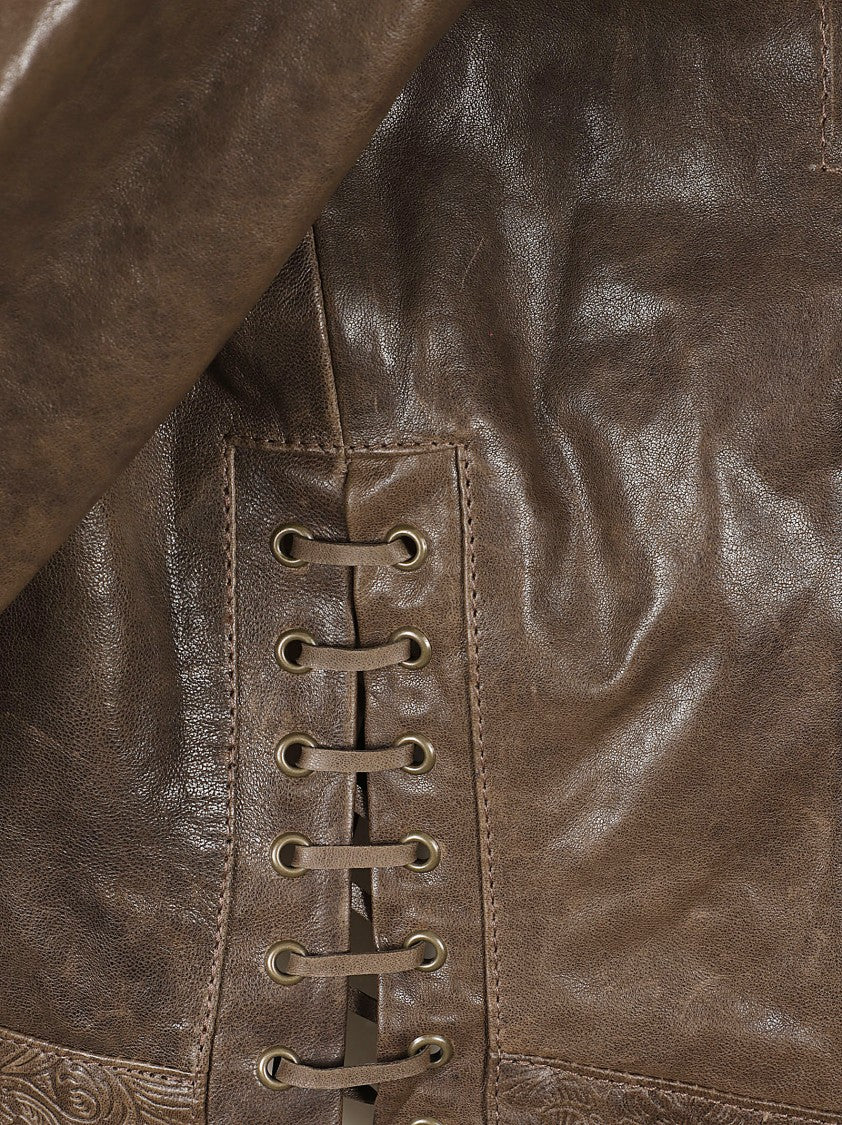 Golden Goose Brown Ovine Leather Jacket With Floral Embossing And Lace-Up Detail