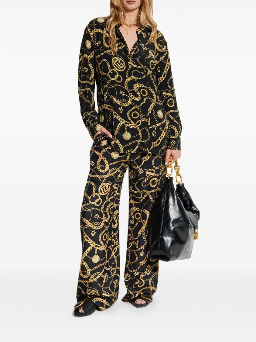 Balmain Black Ls Shirt Chain Print Silk Shirt