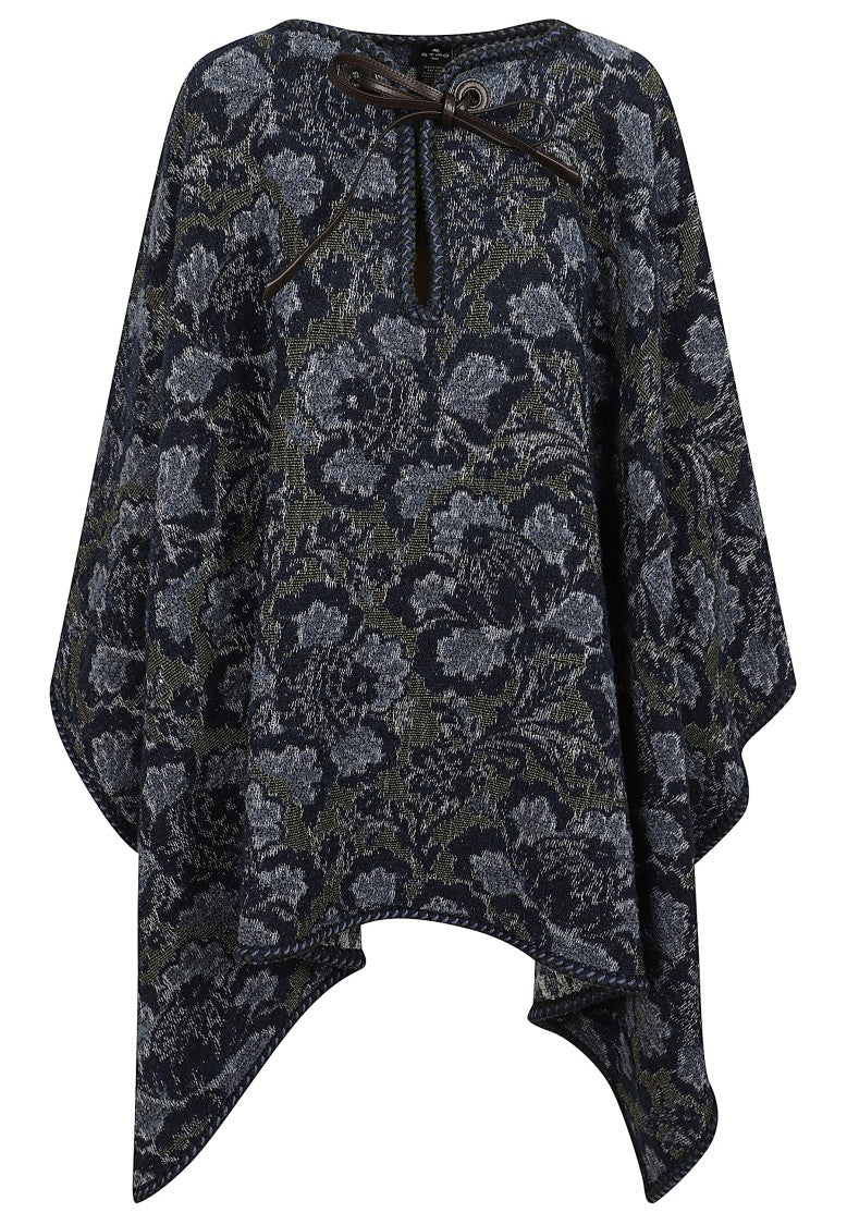 Etro Floral Jacquard Cape With Leather String Tie And Textured Weave