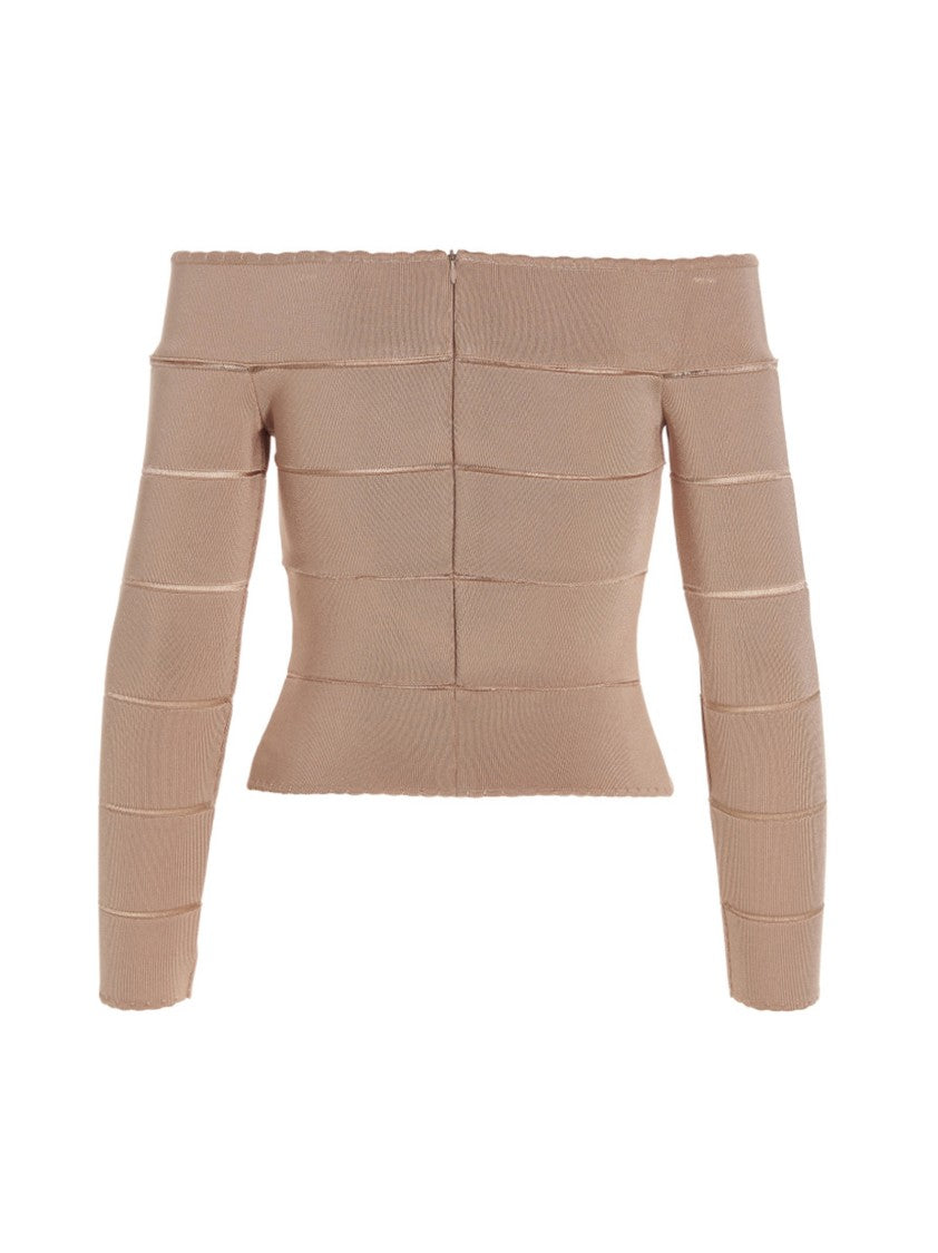 Alexandre Vauthier Fitted Off-Shoulder Viscose Knit Top With Ribbed Texture