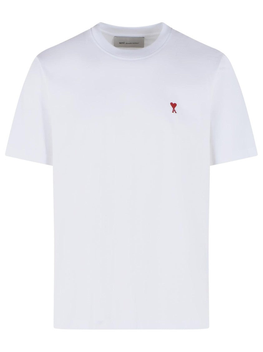 Ami Paris Ribbed Crew Neck Cotton T-Shirt With Embroidered Logo