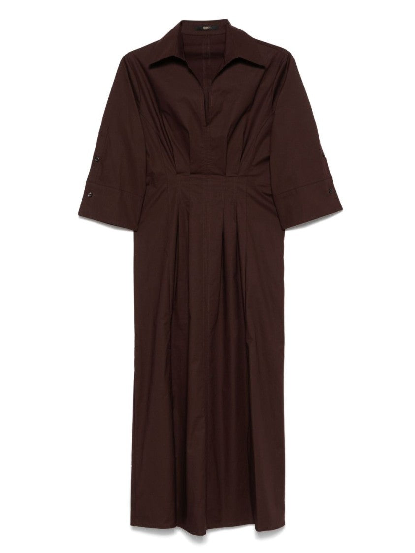 Seventy Chocolate Brown Popelin Dress With Pleat Detailing And Side Slits