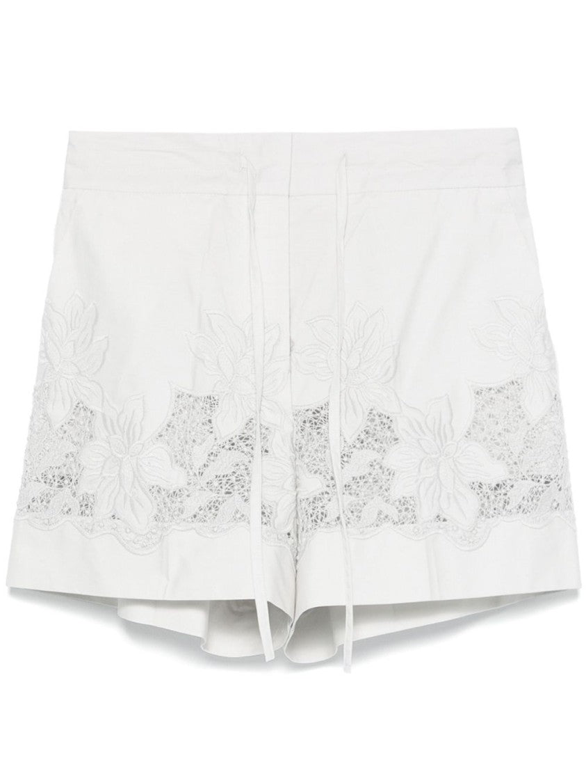 Parosh White Cotton Shorts With Floral Embroidery