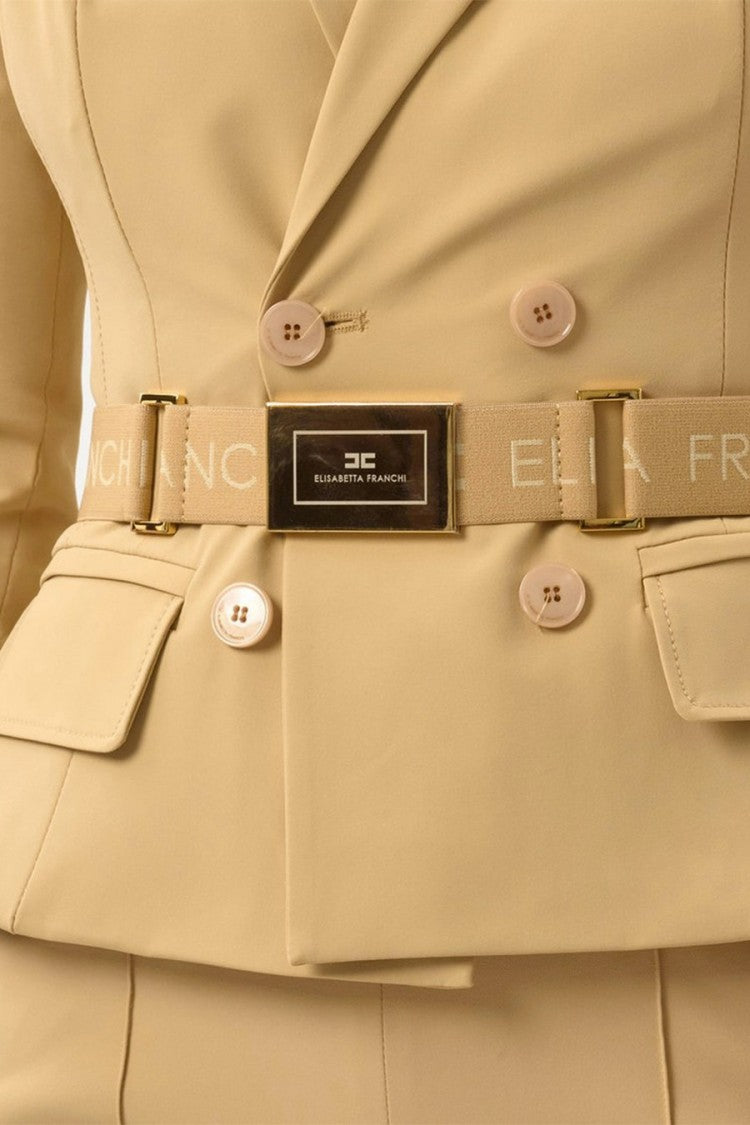 Elisabetta Franchi Camel Belted Double-Breasted Polyamide-Blend Jacket