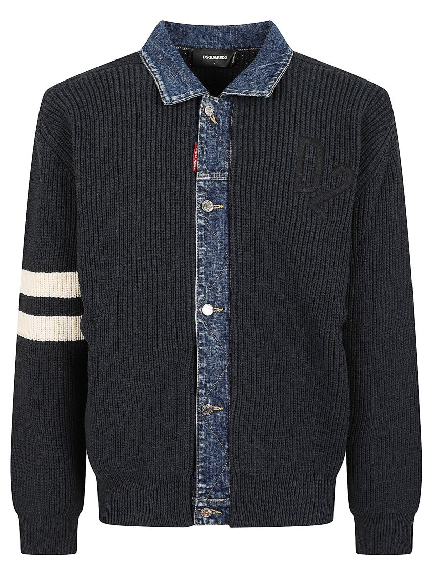 Dsquared2 Denim Mix Cardigan With Structured Knit And Sporty Detailing