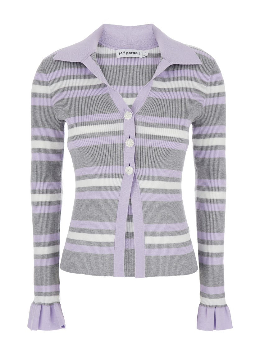 Self-Portrait Grey Stripe Rib Knit Top